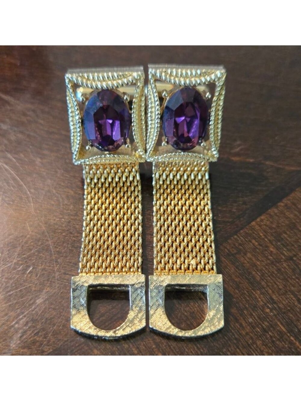 Vtg Swank Gold Tone Mesh Wrap Cufflinks Amethyst Purple Glass MCM Boxed